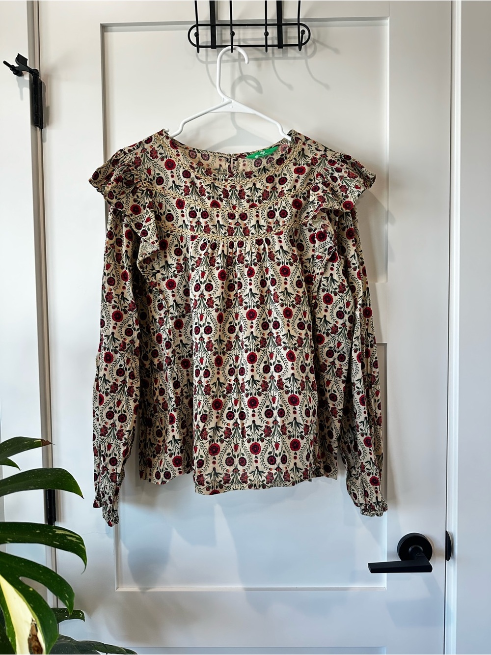dip Floral Ruffle Yoke Blouse - Red on Cream